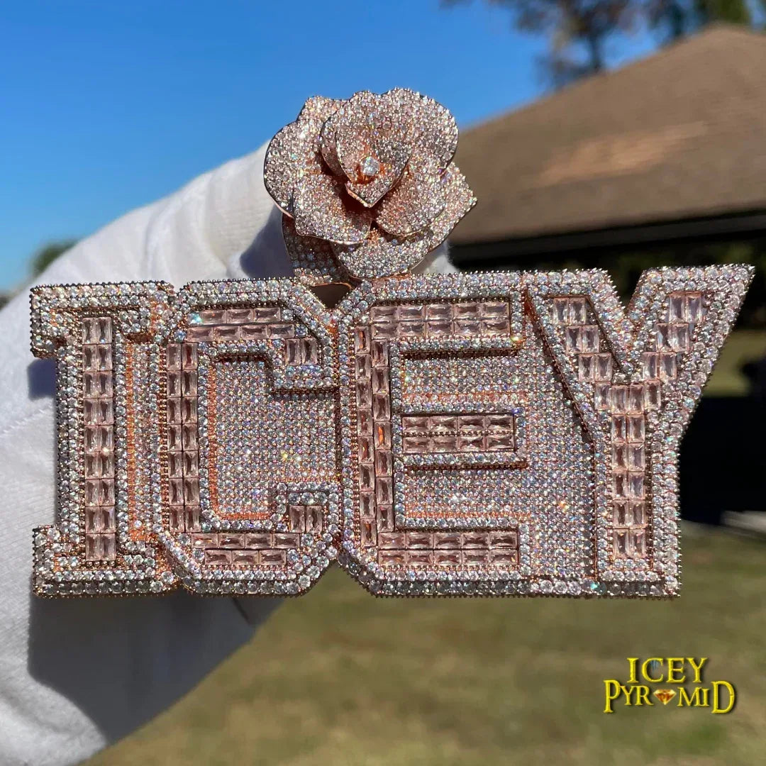 Rising Rose Edition Iced Out Personalized Custom Name Necklace Pendant with Rose Flower Bail - Luxury Jewelry - CaratixJewelry